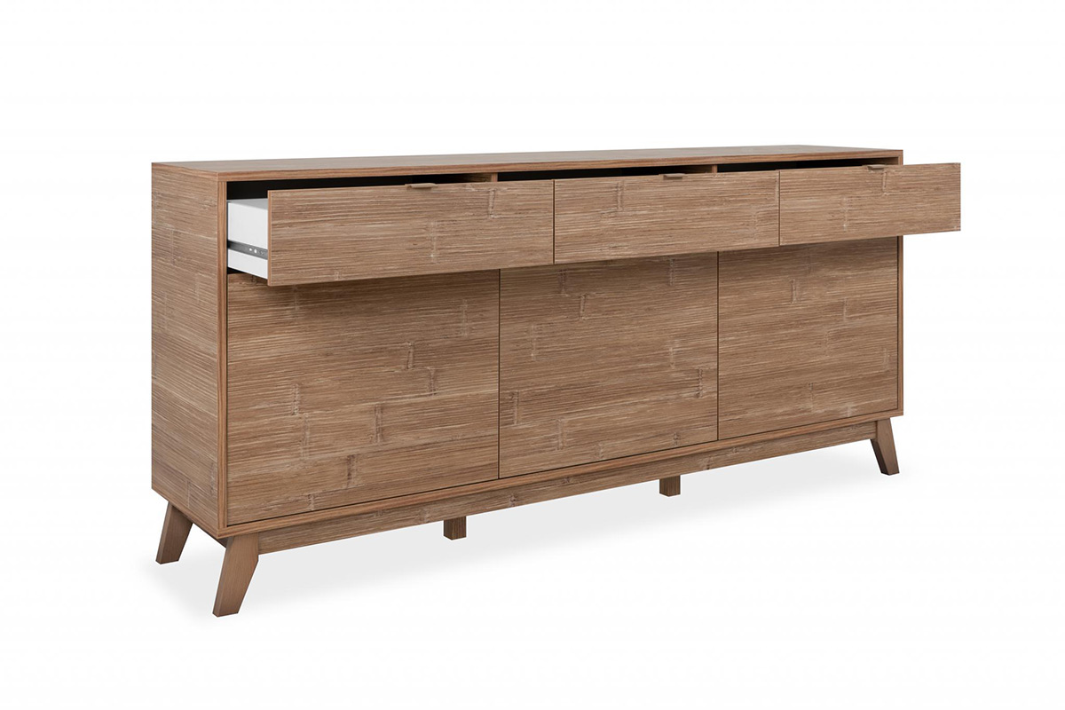 Credenza di design in finitura bamboo con tre ante e tre cassetti 
