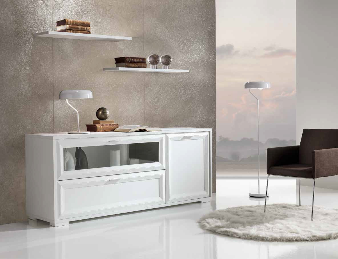 Credenza salvaspazio classica Bianco Frassinato con anta, cassettone e ribalta in vetro