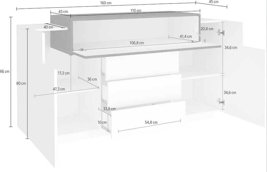 Credenza bianca e pero con 2 ante, 3 cassetti e una ribalta