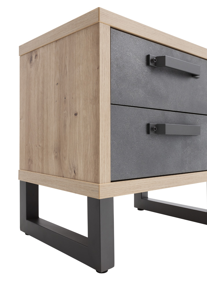 Comodino Industry con 2 cassetti in finitura Rovere e Grigio smoke