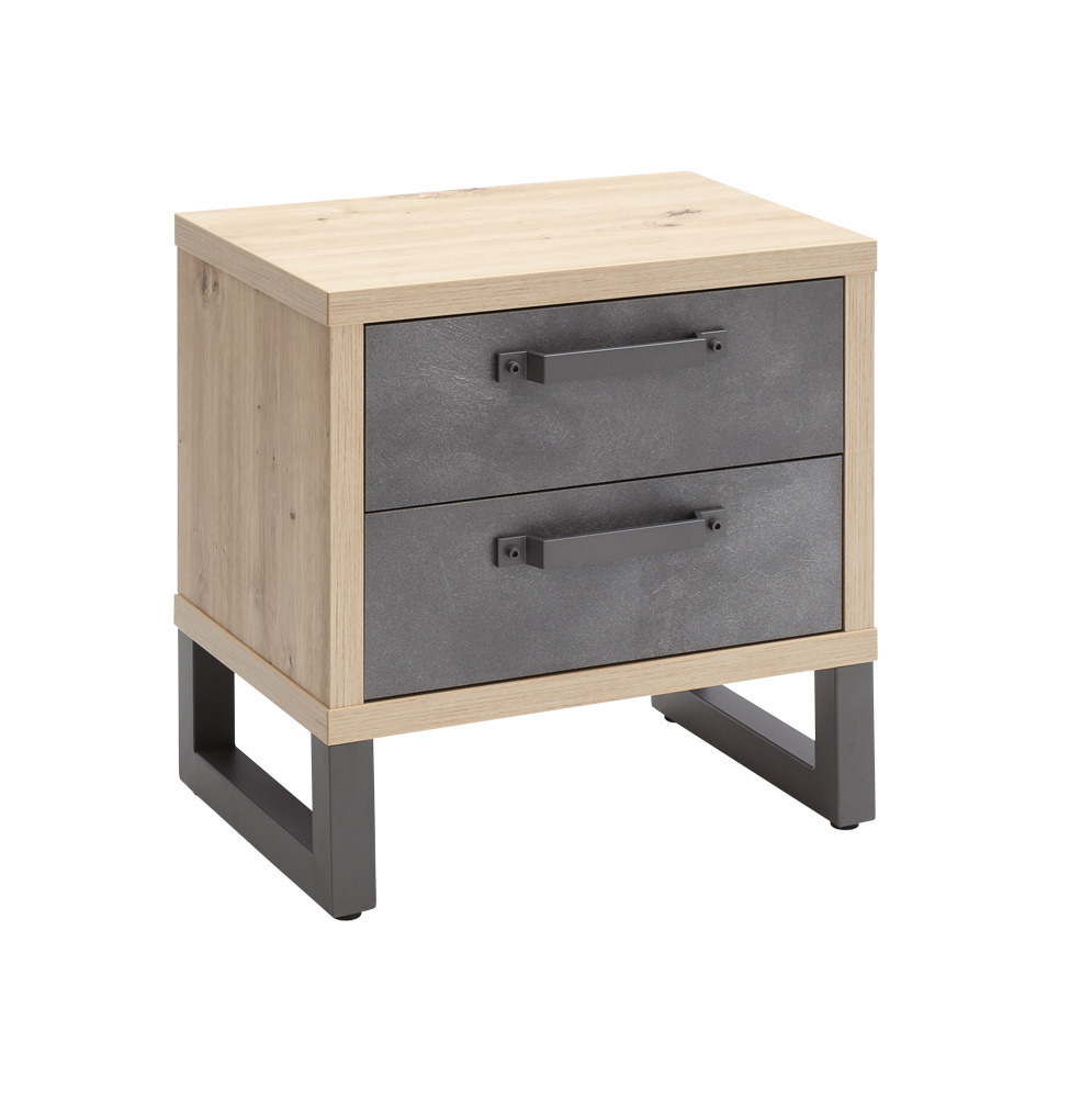 Comodino stile Industry con 2 cassetti in finitura Rovere e Grigio smoke