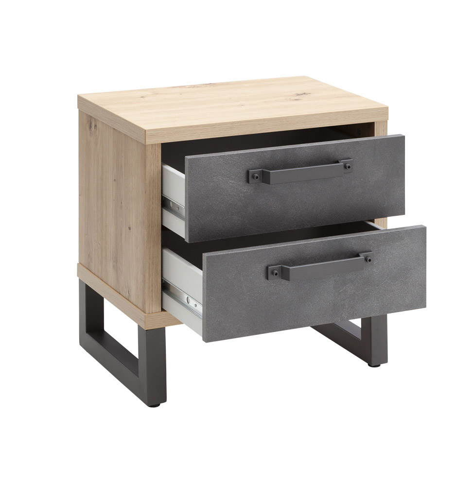 Comodino stile Industry con 2 cassetti in finitura Rovere e Grigio smoke