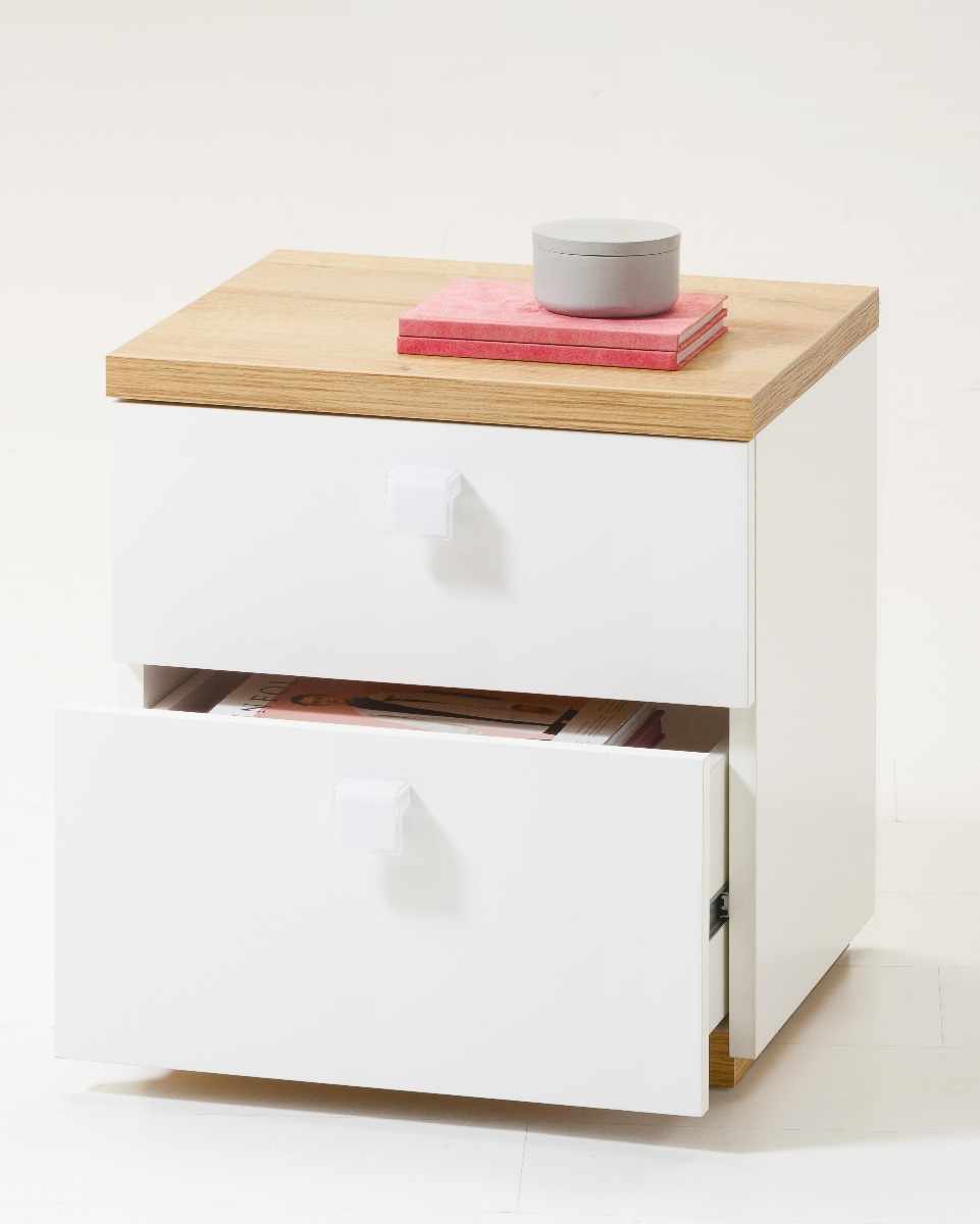 Comodino moderno con 2 cassetti in Bianco laccato e Rovere