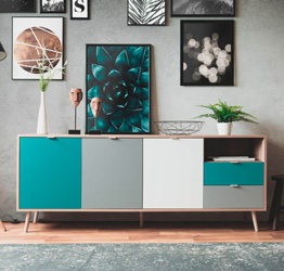 Madia nordica con 3 ante, 2 cassetti con vano giorno, finitura quercia, bianca, petrolio e grigia