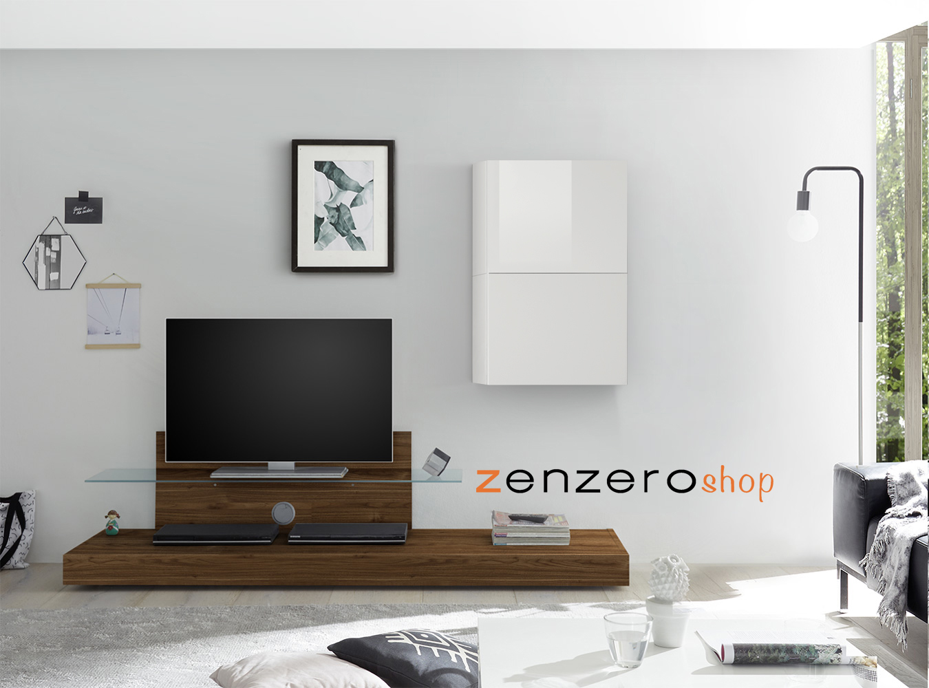 Base Porta TV moderno con mensola in vetro, finitura Noce Dark