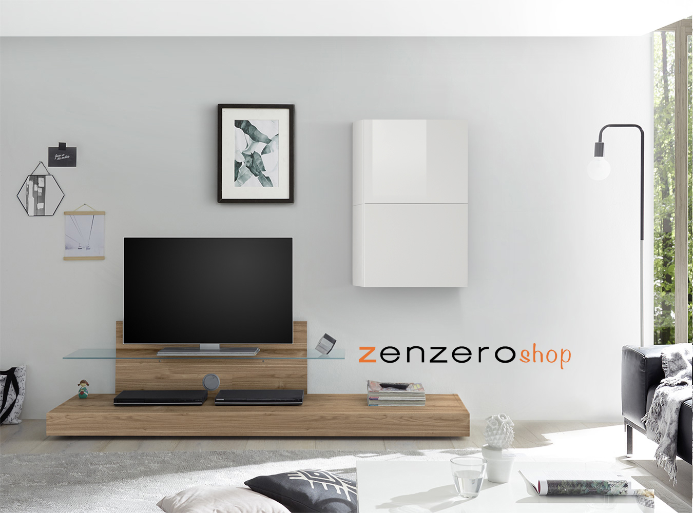 Base Porta TV moderno con mensola in vetro, finitura Noce Stelvio