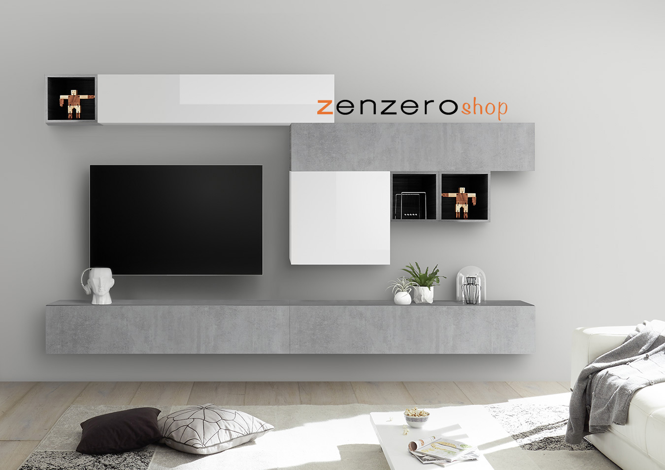 Parete attrezzata sospesa, Bianca Lucida e Beton