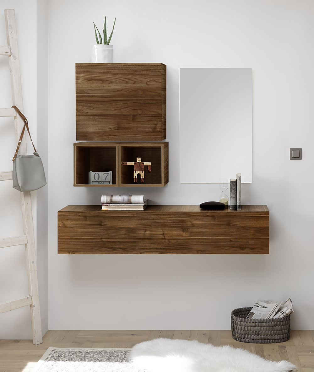 Moderna Composizione d'Ingresso, con pensili, vani e specchiera, finitura Noce Dark e Mercure
