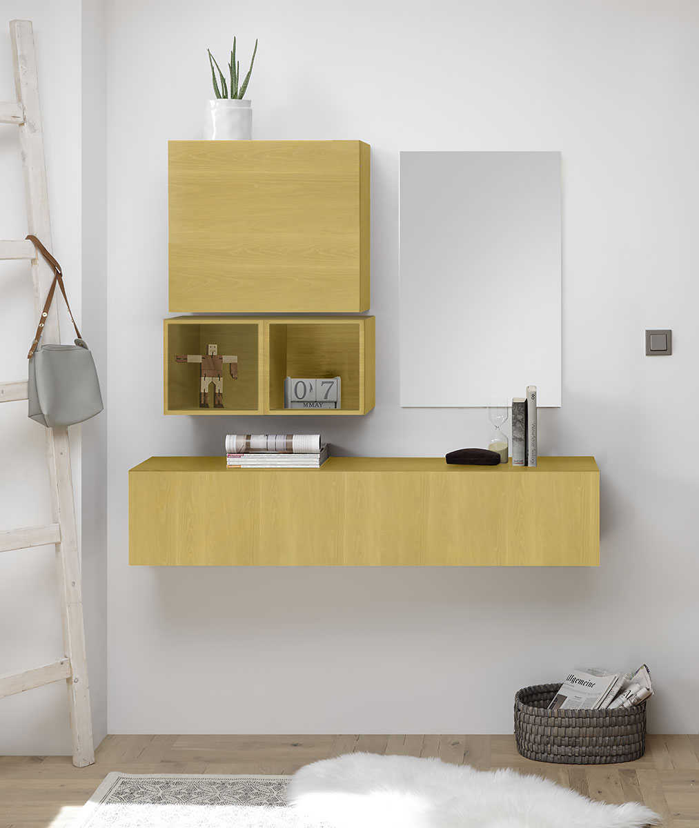 Moderna Composizione d'Ingresso, con pensili, vani e specchiera, Giallo Essenza
