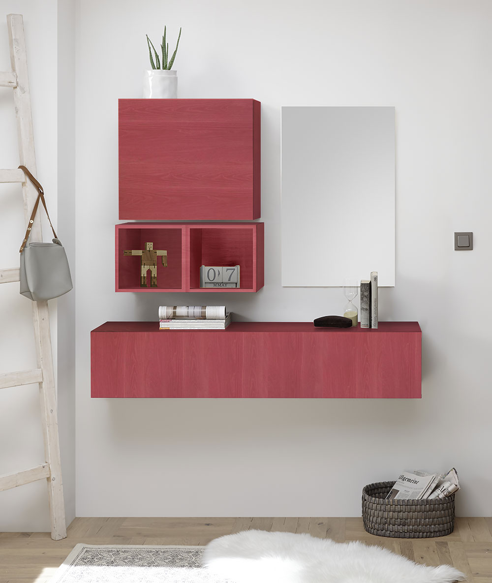Moderna Composizione d'Ingresso, con pensili, vani e specchiera, Rosso Essenza