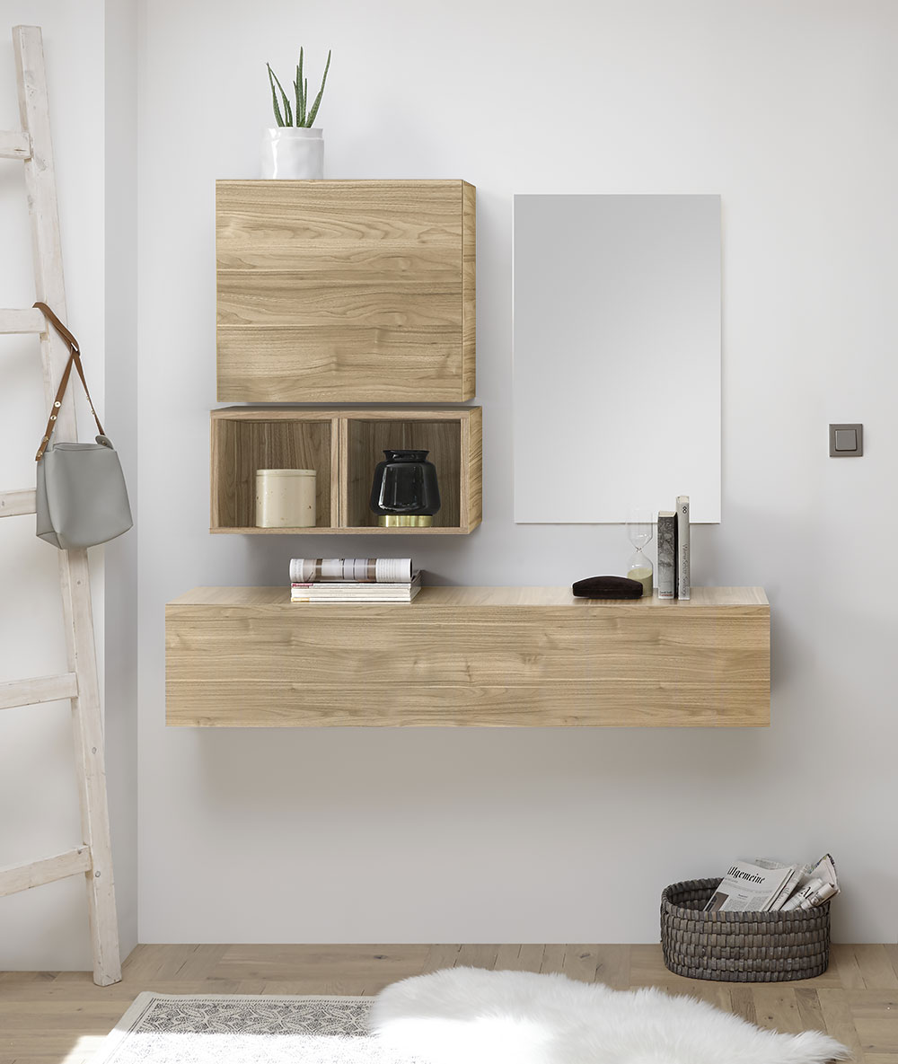 Moderna Composizione d'Ingresso, con pensili, vani e specchiera, finitura Noce Stelvio e Cadiz