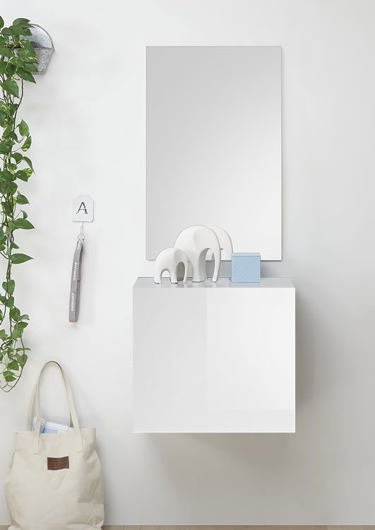Mobile da ingresso con specchio, colore bianco lucido