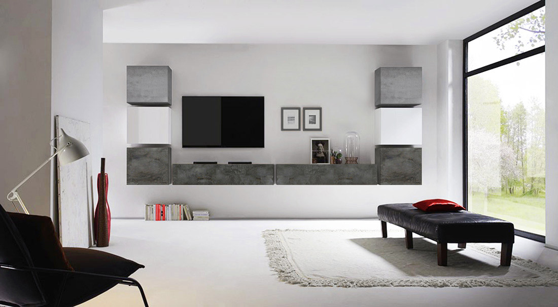 Parete attrezzata con 2 ribalte e 6 cubi, finitura bianco lucido, piombo e gesso