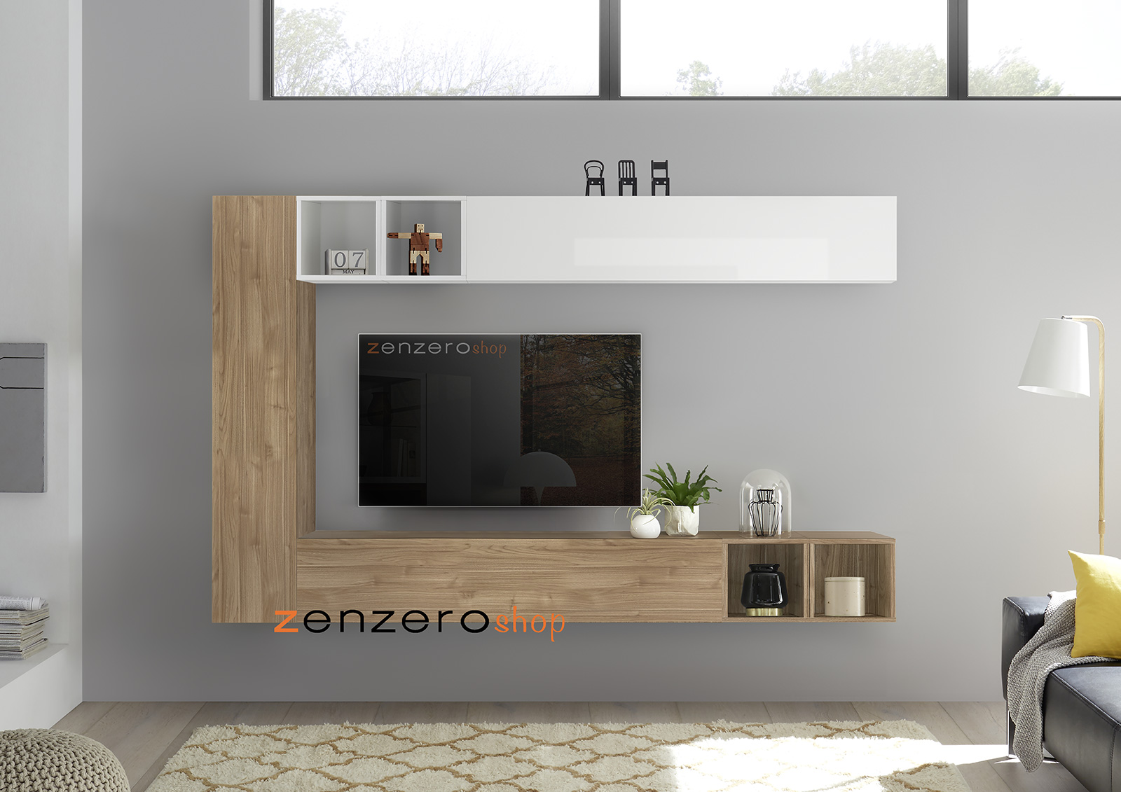Soggiorno Zenzero, parete attrezzata sospesa moderna in finitura bianco lucido, cadiz e noce stelvio
