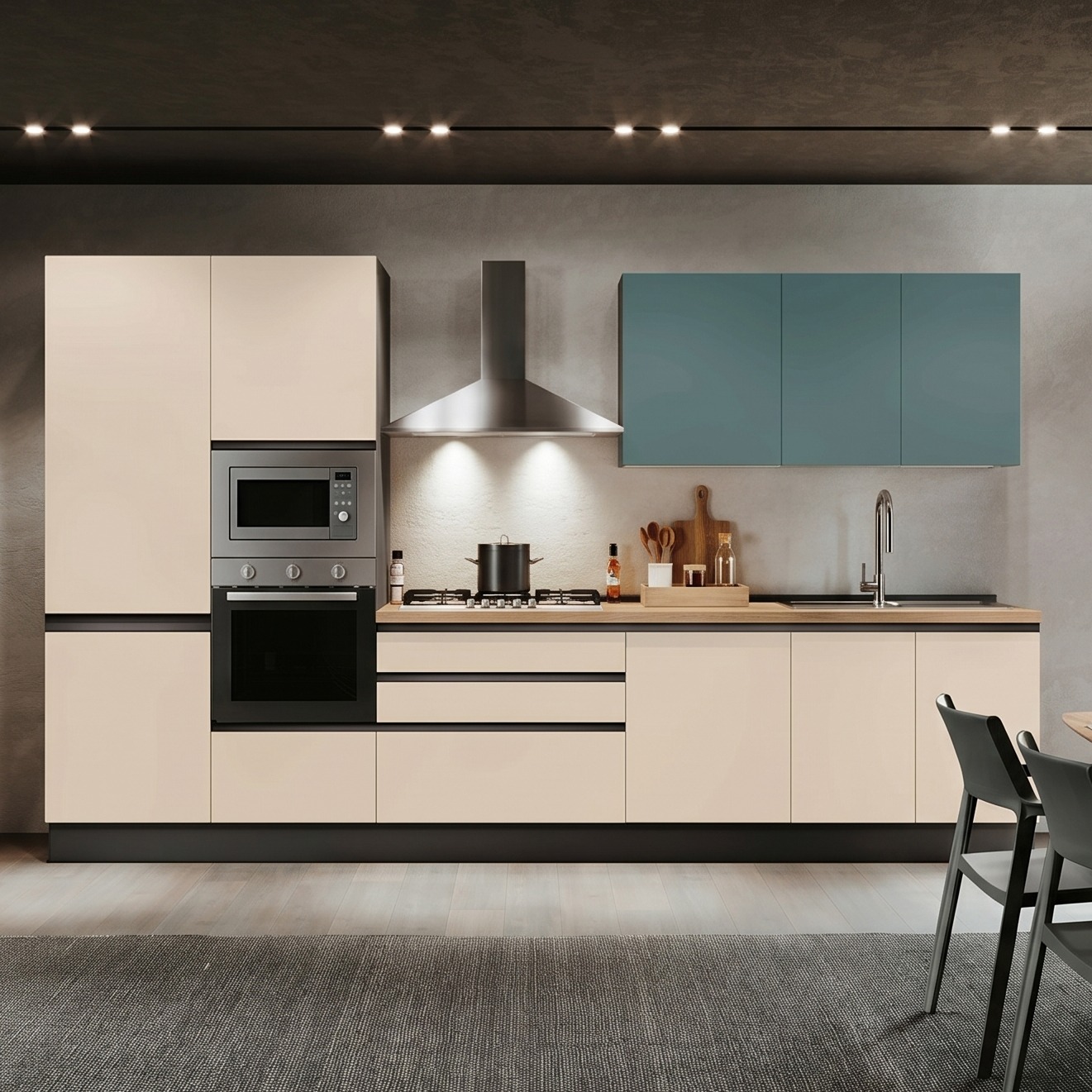 Cucina moderna lineare bloccata, Orzo, Salvia e Noce biondo, L.360, Made in Italy