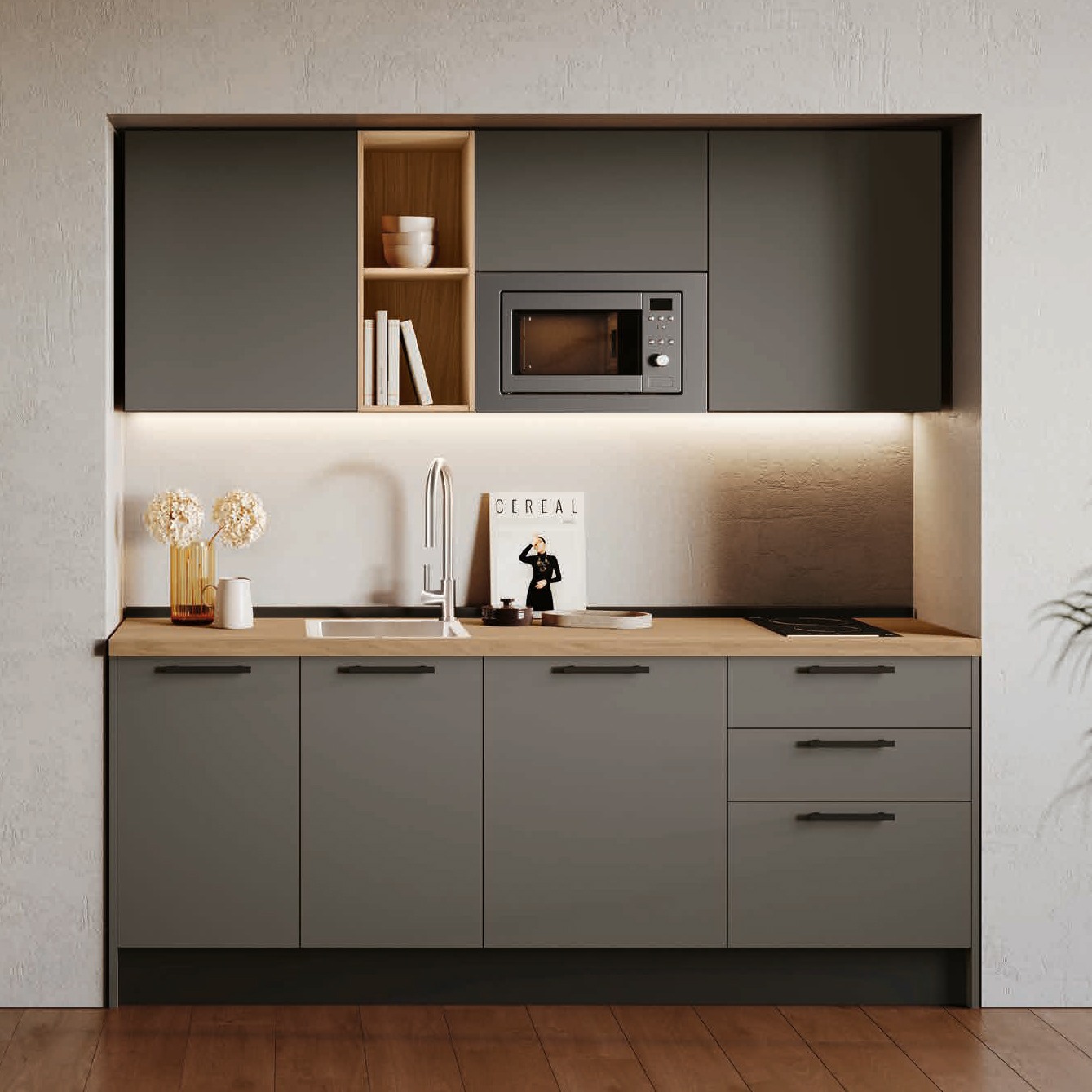 Cucina lineare bloccata, Grigio cenere e Noce biondo, L.214, Made in Italy