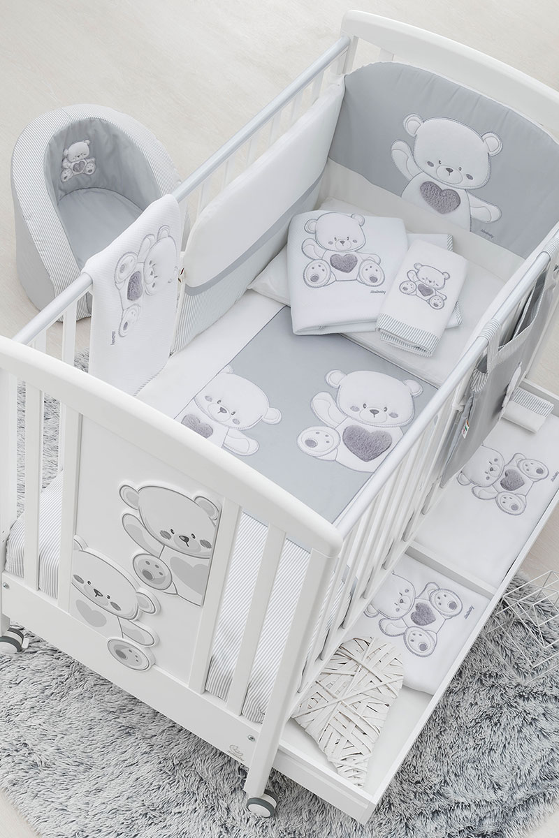 Culla Mr.Bear bianca e grigia con ruote, decori con orsetti