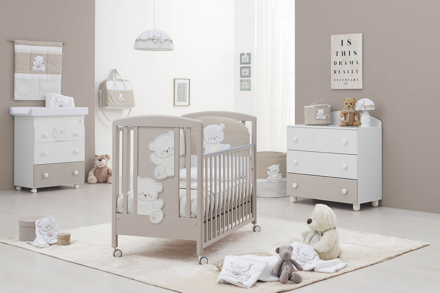Culla Mr.Bear bianca e choco con ruote, decori con orsetti