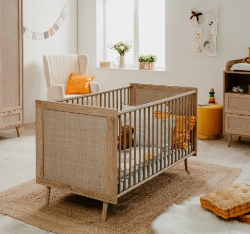 Culla per bambini in finitura Quercia con pannello effetto Rafia 