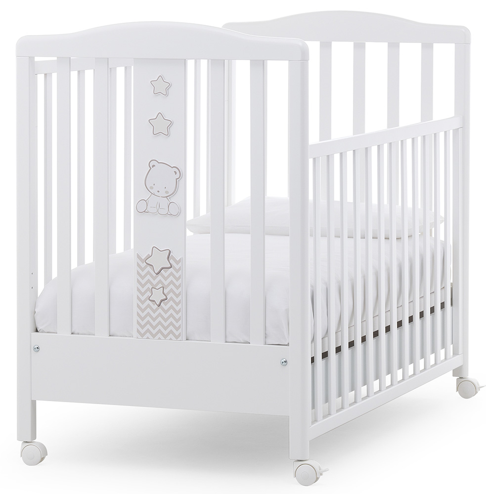 Culla moderna Teddy con ruote, bianca con decori Tortora