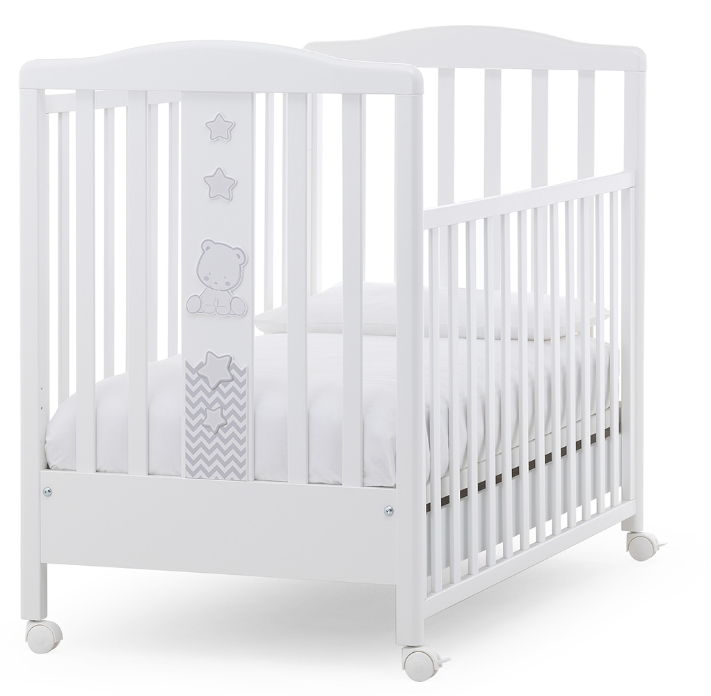 Culla moderna Teddy con ruote, bianca con decori Tortora