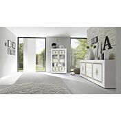 Vetrina 4 ante, bianco lucido con serigrafia dorata, Made in Italy