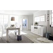 Sala completa di design con Madia, Vetrina e Tavolo allungabile, finitura Pino Bianco e Bianco Lucido