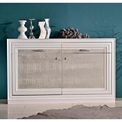 Credenza in legno finitura laccato bianco e craquele' argento, con 2 porte e 2 cassetti 150x90