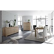 Sala di design composta da Madia alta, Madia 4 ante e Tavolo allungabile, finitura Rovere Cadiz