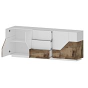 Credenza geometrica 4 ante e 3 cassetti, colore Bianco lucido e Pero 
