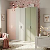 Armadio camerette a 6 ante, Flamingo, Gesso e Pistacchio, L.270