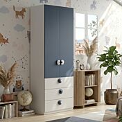 Armadio 2 ante 3 cassetti, L.92 H.240, Bianco opaco e Blu navy