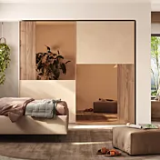 Armadio 2 ante scorrevoli specchi bronzo, Cashmere e cannettato Noce caramello