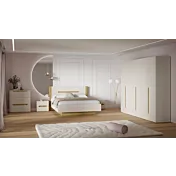 Camera completa di armadio, letto, comò e comodini in finitura Sabbia e Rovere Mauvella