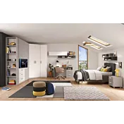 Cameretta con armadio angolare e letto contenitore, Bianco opaco e Gesso