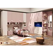 Armadio a ponte con angolo e pannello tv, Bianco opaco e Flamingo, L.410 x 281