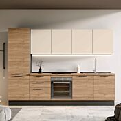Cucina lineare L.300 cm bloccata, Noce biondo, Grigio cenere e Orzo