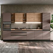 Cucina moderna bloccata lineare, L.360, Bronzo e Noce biondo, Made in Italy