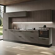 Cucina moderna lineare bloccata, L.360, Cannettato grigio e Grigio cenere