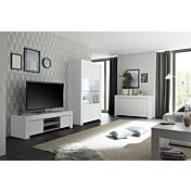 Soggiorno moderno, completo di Porta TV, Vetrina e Madia 3 ante, bianco opaco