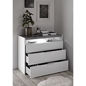 Set Comò, Settimino e 2 Comodini con guide ammortizzate in finitura bianco opaco e Beton