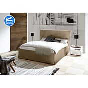 Letto matrimoniale alto in ecopelle con contenitore, finitura Tabacco