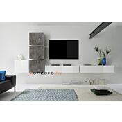 Parete attrezzata con 2 pensili vasistas e ribalte e 4 cubi, finitura Bianco Lucido, Ossido e Beton