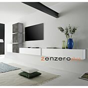 Parete attrezzata con 2 pensili vasistas e ribalte e 4 cubi, finitura Bianco Lucido, Ossido e Beton