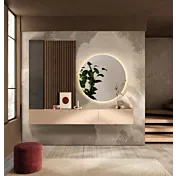 Ingresso con specchio retroilluminato, pensili e boiserie, Mercure cannettato, Cashmere e Lava