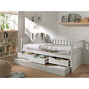 Divano letto pino massello con secondo estraibile e 3 cassetti, disponibile in due colorazioni