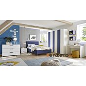 Cameretta moderna con letto imbottito e armadio vertigo blu
