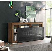 Credenza Madia a 4 ante con un ripiano in finitura Marmo Lucido Nero e Noce Dark