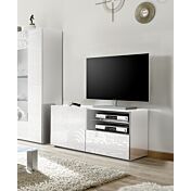 Moderna Base porta TV ad 1 anta, 1 cassetto bianco laccato lucido serigrafato