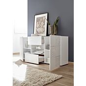 Sala completa di tavolo, 1 madia con 2 cassetti e 1 madia 2 ante in bianco laccato lucido serigrafato